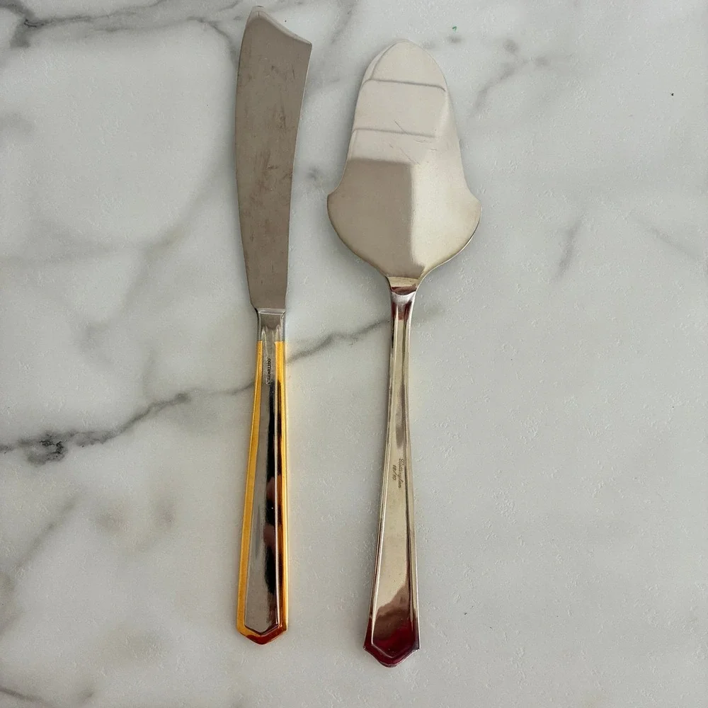 Vtg Gottinghen 18/10 Stainless Steel Cake Server Knife Set 24K Gold Italy